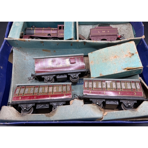 27 - Hornby Train No.501 Passenger Set Gauge O, LMS 0-4-0 5600 with tender and three coaches, Set almost ... 