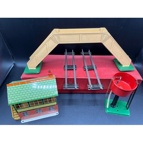 68 - Three Hornby O gauge Tin plate Trackside accessories in Good Boxes, includes No.1 Footbridge 42310 (... 