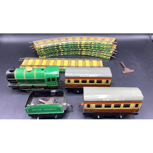 72 - Chad Valley Clockwork Tin Train set, includes Green #3402 Loco (tested working) with tender and two ... 