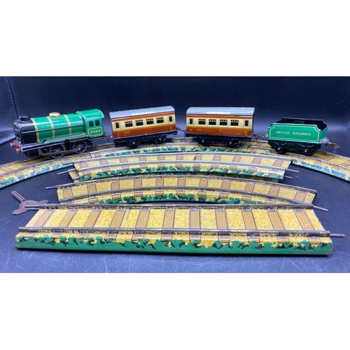 72 - Chad Valley Clockwork Tin Train set, includes Green #3402 Loco (tested working) with tender and two ... 