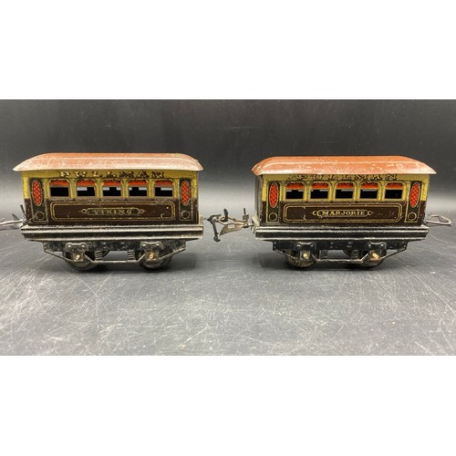 63 - Two Pre-War Meccano 'O' gauge Pullman Coaches Marjorie and Viking, (1931-33) Red Windows in doors, O... 