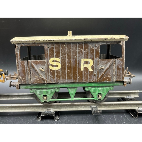 29 - Hornby Meccano O Gauge Wagons and Tank Wagons, along with Locomotive and Coaches, includes Castrol f... 