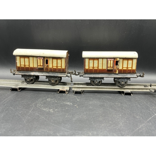 29 - Hornby Meccano O Gauge Wagons and Tank Wagons, along with Locomotive and Coaches, includes Castrol f... 