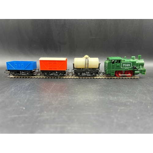 36 - Hornby Clockwork Green with Red wheels 0-4-0 Locomotive #7321 plus two wagons & tanker, with key, Te... 