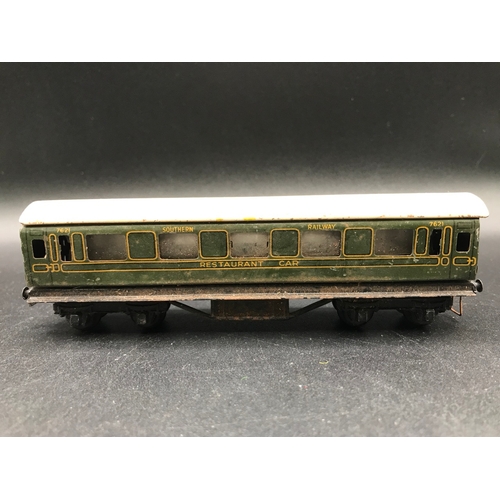 47 - Three Dublo Coaches, Southern Railway Restaurant Car (Poor), LNER D1 #45402 Brake/3rd Teak (Poor) an... 