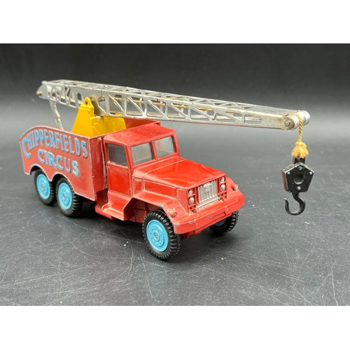 1 - Corgi Major Toys 1121 Chipperfield's Circus crane truck, red cab and body with raised 'CHIPPERFIELDS... 