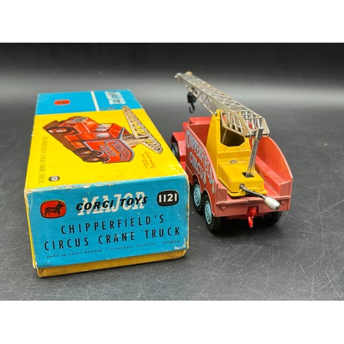 1 - Corgi Major Toys 1121 Chipperfield's Circus crane truck, red cab and body with raised 'CHIPPERFIELDS... 