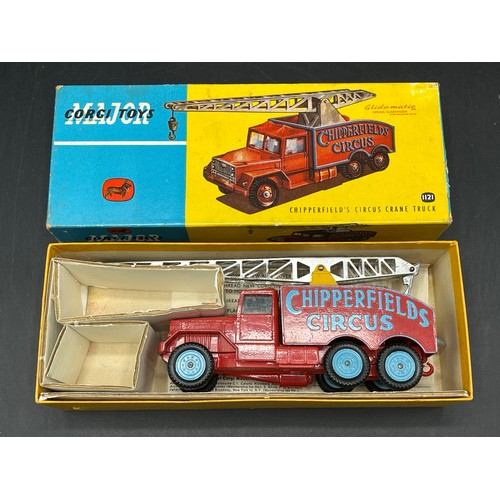 1 - Corgi Major Toys 1121 Chipperfield's Circus crane truck, red cab and body with raised 'CHIPPERFIELDS... 