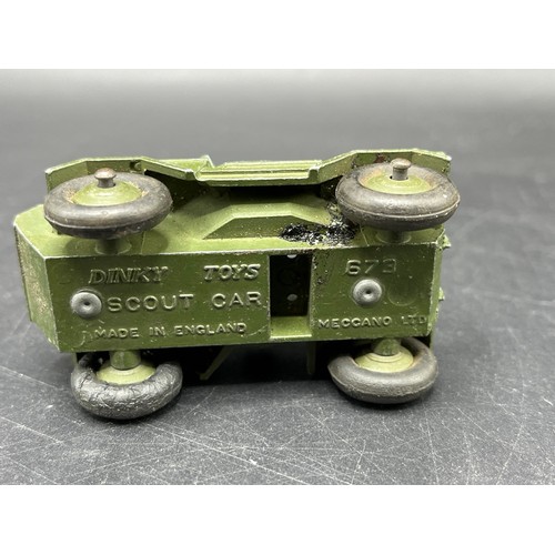 9 - Three Dinky Toys Armoured vehicles
(250g)
Boxed Dinky Toys 674 Austin Champ 
Dinky Toys 673 Scout ca... 