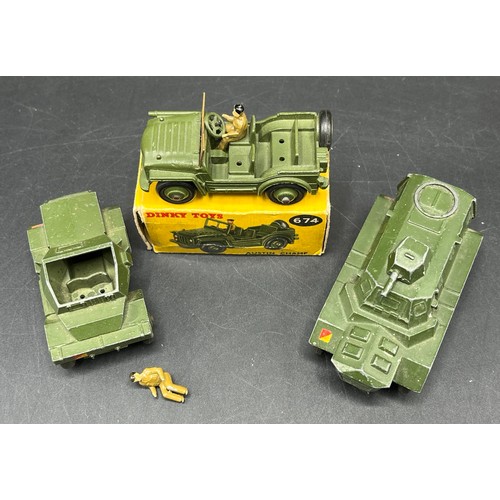 9 - Three Dinky Toys Armoured vehicles
(250g)
Boxed Dinky Toys 674 Austin Champ 
Dinky Toys 673 Scout ca... 