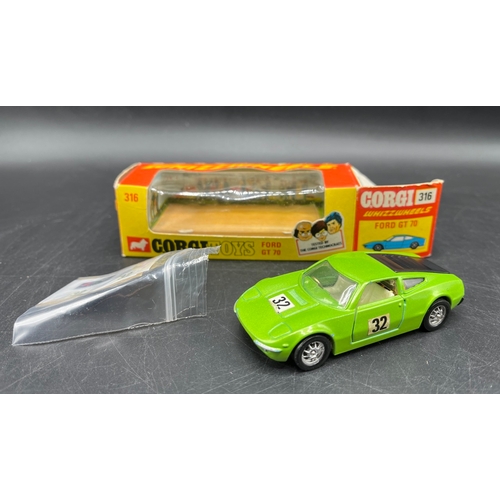 2 - Corgi Toys WhizzWheels 316 Ford GT 70 in Box with additional transfers, Gold Steering wheel 
(100g)