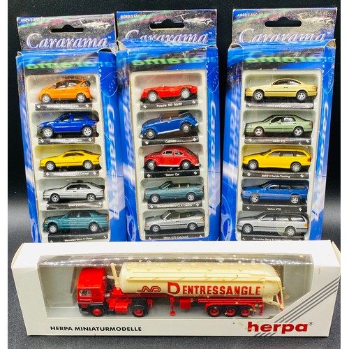 35 - Boxed Cararama 5 Car packs & Herpa Tanker Lorry. 650g (4)
Vehicles appear unused, but boxes show sig... 