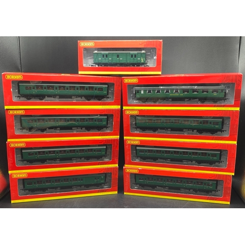 330 - A rake of nine OO gauge Hornby BR Southern Green Maunsell coaches, each boxed and appearing unopened... 