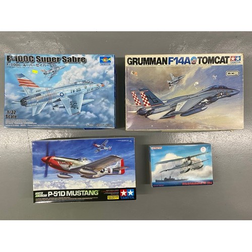 14 - 4 Model Kits - Trumpeter F-100c, Grumman F14A Tomcat, Tamiya P-15D Mustang & Techmod Friedrichshafen... 