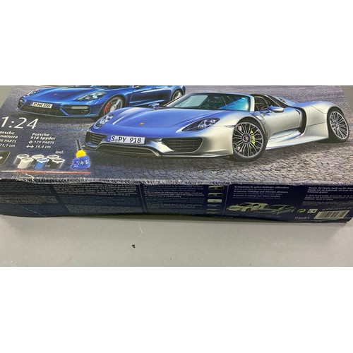 23 - 6 Model Kits - Revell Mercedes 300 SLR, Tamiya Tyrell P34, Tamiya Porsche Carrera GT, Tamiya 360 Spi... 