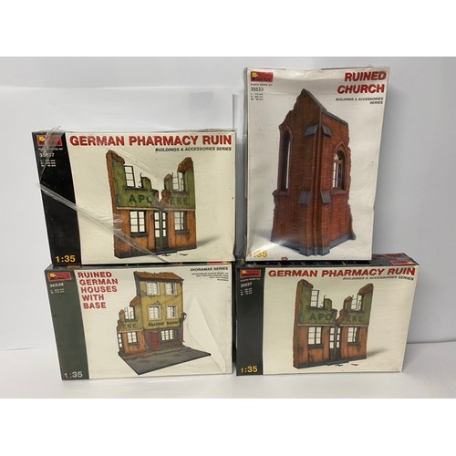 25 - 4 Sealed MiniArt Building/Diorama Kits - Germany Pharmacy Ruin, Ruined Church, Ruined German House w... 