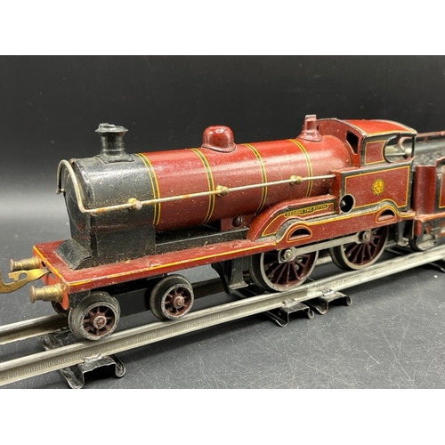 114 - Bing for Bassett-Lowke red LMS 'George V' 4-4-0 loco and tender No. 5320 Clockwork with three Basset... 