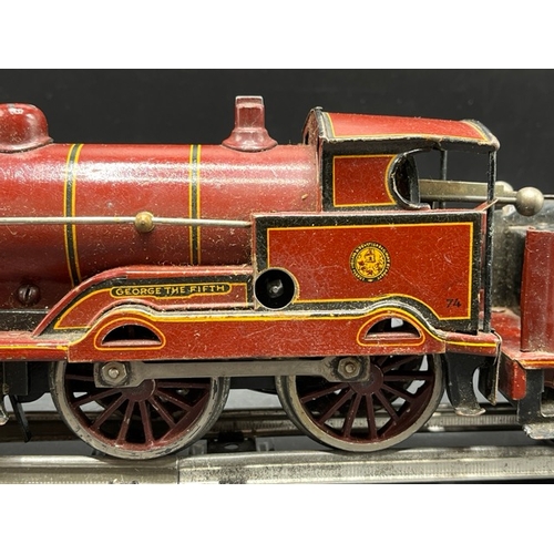 114 - Bing for Bassett-Lowke red LMS 'George V' 4-4-0 loco and tender No. 5320 Clockwork with three Basset... 