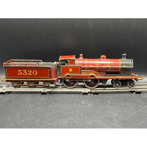 114 - Bing for Bassett-Lowke red LMS 'George V' 4-4-0 loco and tender No. 5320 Clockwork with three Basset... 