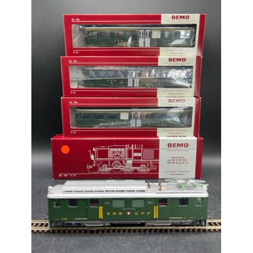 116 - Bemo HOm 1:87 scale SBB electric loco DCC with three corresponding Nostalgiewagens, each boxed and T... 