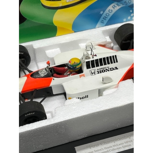 300 - LANG McLaren MP 4/4 Ayrton Senna 1/18 scale in box with display stand
(1100g)
