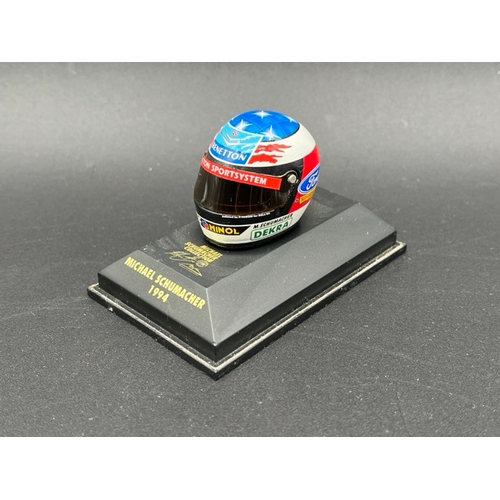 298 - 13 Minichamps 1/8 scale Michael Schumacher drivers Helmets spanning 1989 to 1998, plus two Hot Wheel... 