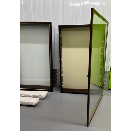 240 - Two wooden wall mounted display cabinets, with 10 glass adjustable shelves, suitable for models of a... 