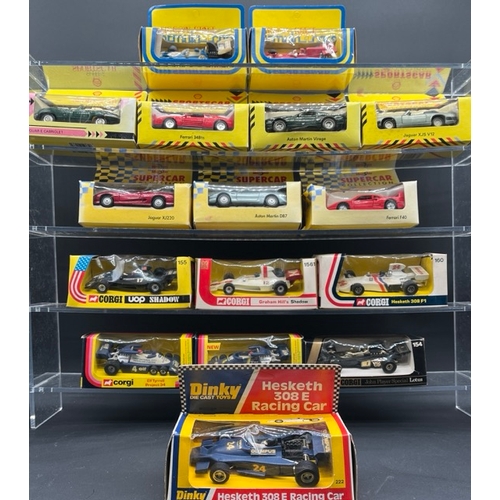 263 - Six Corgi and a Dinky F1 boxed racing cars with
(2300g)
two Universal F1 cars, four Shell Sports Car... 