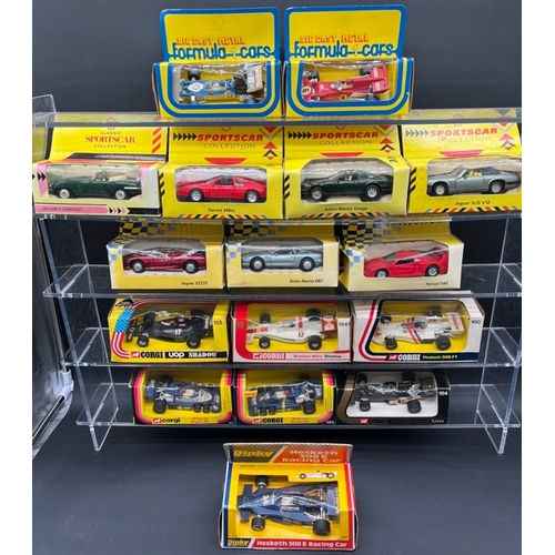 263 - Six Corgi and a Dinky F1 boxed racing cars with
(2300g)
two Universal F1 cars, four Shell Sports Car... 