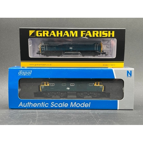 46 - Two N gauge BR Blue Diesel Locomotives - Tested Runners
(300g)
Graham Farish 372-975A Class 24/0 240... 