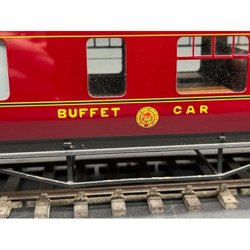 76 - An Edward Exley & Co. O Gauge LMS eight wheel Buffet car, LMS Maroon with black roof, No.277, Boxed,... 