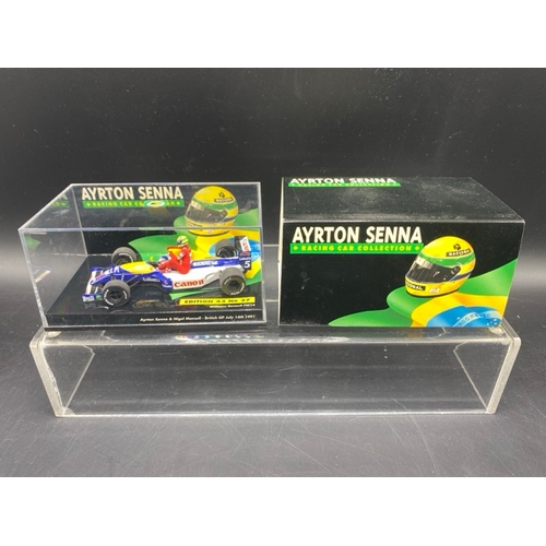 17 - 6 Paul’s Model Art MINICHAMPS (4) and Ayrton Senna Racing Car Collection (2) racing cars (1:43 scale... 