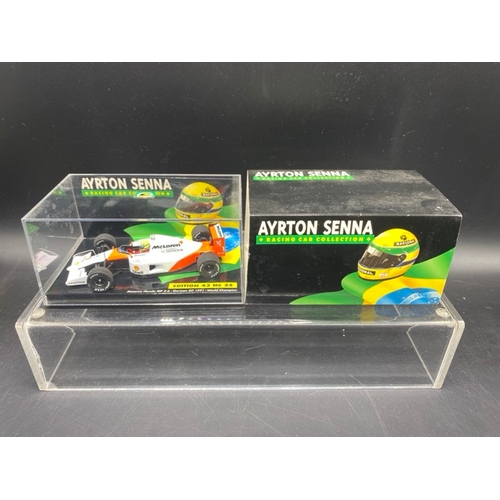 17 - 6 Paul’s Model Art MINICHAMPS (4) and Ayrton Senna Racing Car Collection (2) racing cars (1:43 scale... 