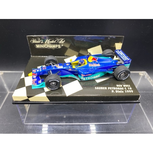 17 - 6 Paul’s Model Art MINICHAMPS (4) and Ayrton Senna Racing Car Collection (2) racing cars (1:43 scale... 