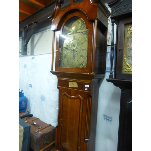 525 - BRASS DIAL GRANDFATHER CLOCK WITH MAHOGANY INLAID CASE