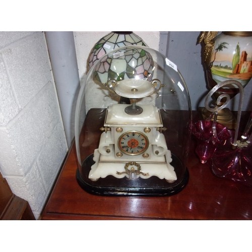 294 - VICTORIAN MARBLE CLOCK UNDER DOME P.W.O WITH PENDULUM KEY AND BELL