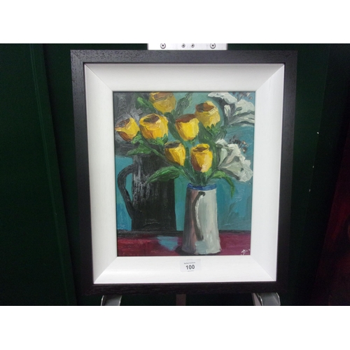 100 - JOE MCINTYRE 12X10 ORIGINAL OIL ON BOARD YELLOW ROSES WITH A BLACK FRAME