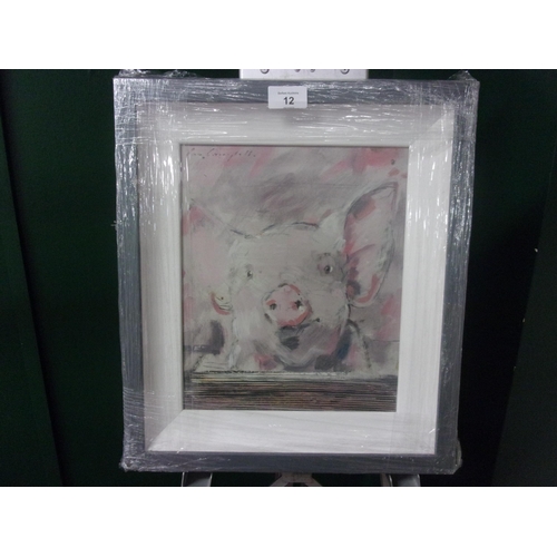 12 - CON CAMPBELL 12X10 PRINT ON BOARD WITH A GREY FRAME NOSEY PIG