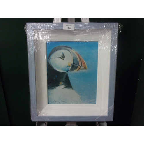 14 - CON CAMPBELL 10X8 PRINT ON BOARD WITH A BLUE FRAME PUFFIN