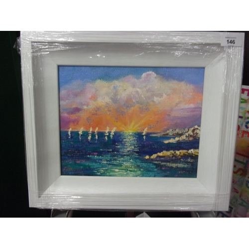 146 - FIONA HENRY 12X10 ORIGINAL OIL ON BOARD WITH A WHITE FRAME SAILING SHIPS