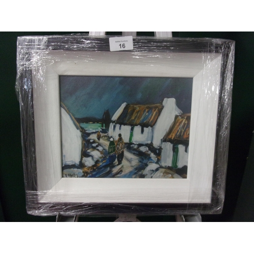 16 - PATRICK MURPHY 10X8 PRINT ON BOARD IRISH COTTAGES WITH A NAVY FRAME