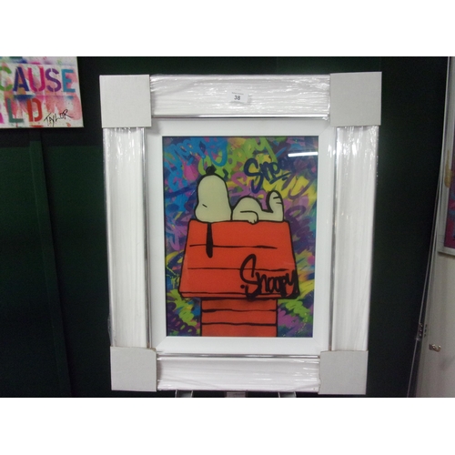 38 - DEL SNOOPY PRINT ON GLASS INCLUDES A WHITE FRAME 40X30CM