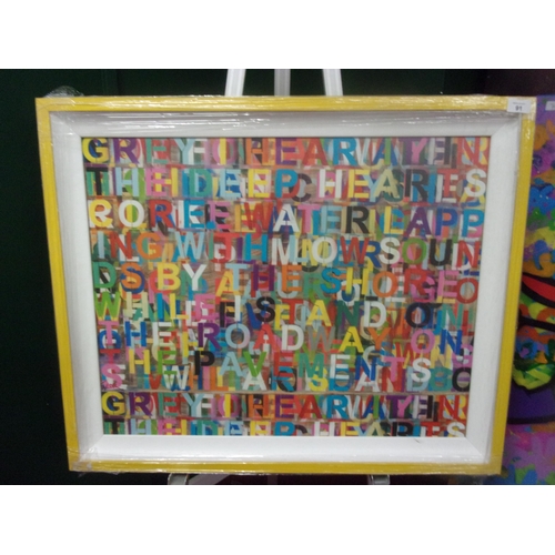 91 - JAYNE TAYLOR 700X560MM WB YEATS POEM PRINTED ON BOARD WITH A YELLOW WOODEN FRAME