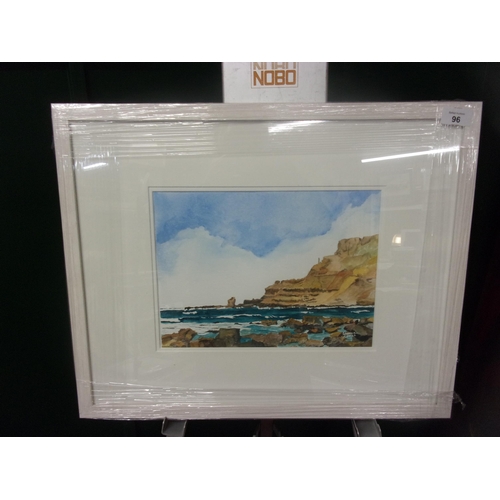 96 - YVONNE FISHER ORIGINAL WATERCOLOUR OF THE GIANTS CAUSEWAY WITH A GLASS FRAME