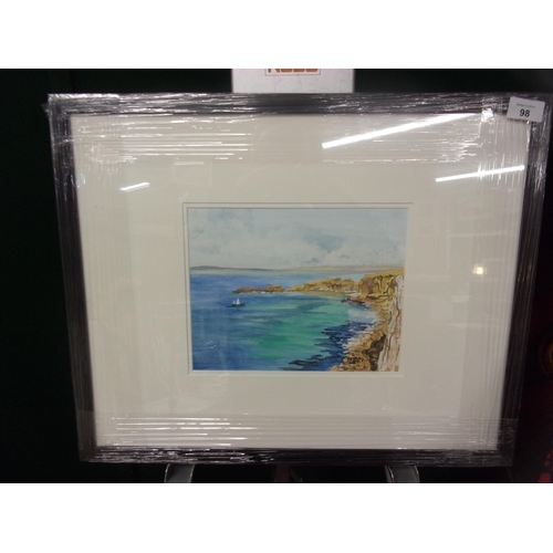 98 - YVONNE FISHER ORIGINAL WATERCOLOUR OF WHITE ROCKS WITH A GLASS FRAME