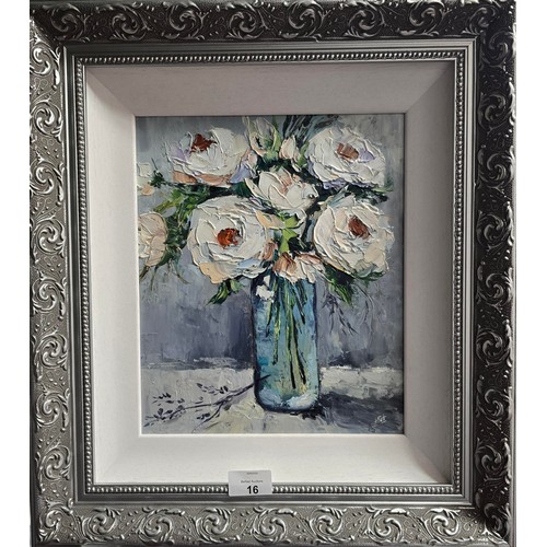 16 - SARAH ADAMS ORIGINAL 12X10 OIL ON BOARD LONG GLASS VASE Inspired By Van Gogh