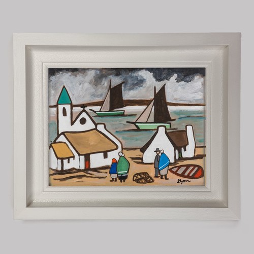 25 - JAMES RYAN ORIGINAL 16X12 OIL ON BOARD THE VILLAGE WALK WITH A WHITE BOX FRAME