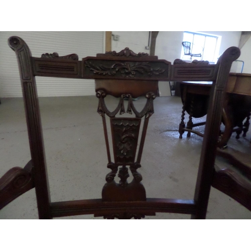 111 - Ornate Period Carved Wooden Chair on Castors with Dusky Pink Upholstery and Gold Brocade Edging