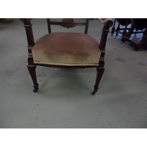 111 - Ornate Period Carved Wooden Chair on Castors with Dusky Pink Upholstery and Gold Brocade Edging