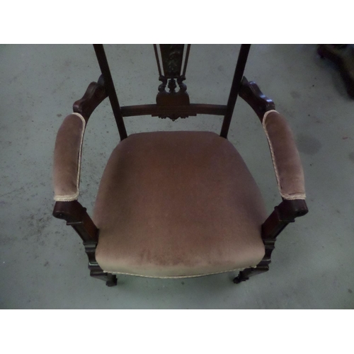 111 - Ornate Period Carved Wooden Chair on Castors with Dusky Pink Upholstery and Gold Brocade Edging